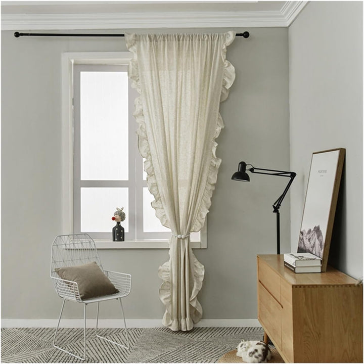 VibeCore Delicate Ruffles Curtain in beige, tied to the side, highlighting the soft ruffle detailing and semi-sheer fabric for a cozy, bohemian vibe.