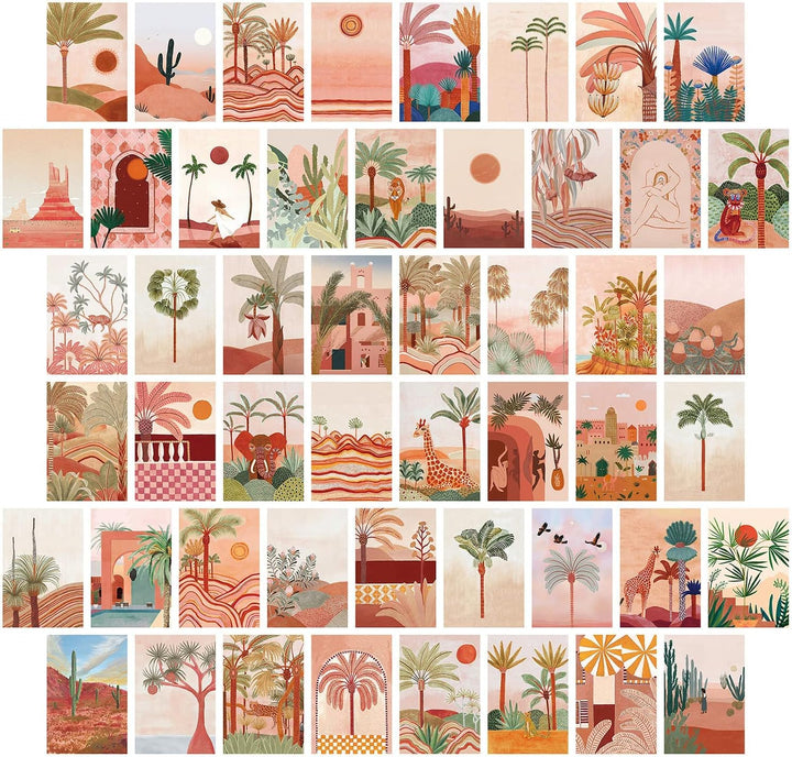 VibeCore Desert Jungle Wall Collage Kit featuring half of the 70 unique prints blending desert vibes and jungle-inspired artwork, displayed on a wall. Ideal for creating an adventurous, customizable collage in your space.