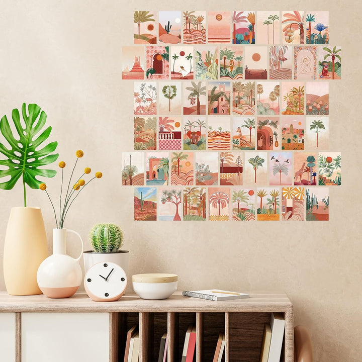 VibeCore Desert Jungle Wall Collage Kit displayed on a wall, showcasing 70 unique prints blending desert vibes and jungle-inspired artwork. Ideal for adding an adventurous, eclectic vibe to your room or living space.
