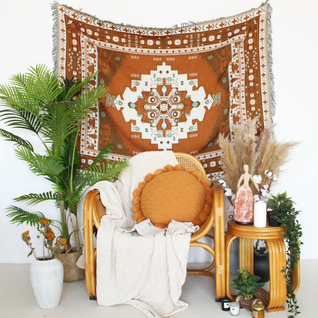 VibeCore Desert Mirage Woven Blanket hanging as wall decor - reversible boho cotton tapestry with tribal geometric pattern for stylish interiors