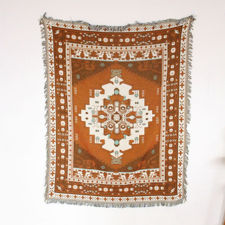 VibeCore Desert Mirage Woven Blanket - reversible tribal cotton throw with boho geometric pattern for bed, couch or wall decor