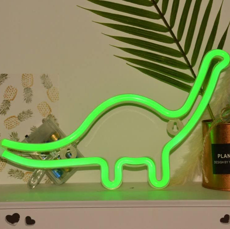 Aesthetic VibeCore Dinosaur Neon Light on a dresser, USB or battery-powered LED sign for trendy bedroom or dorm decor, adding a fun, bold glow to elevate your space.