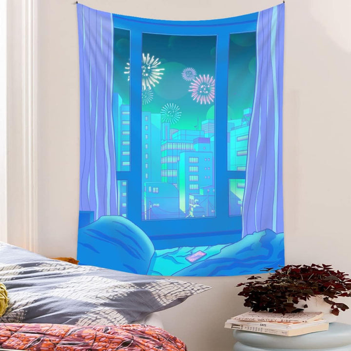 VibeCore Downtown Fireworks Tapestry Hanging in Bedroom