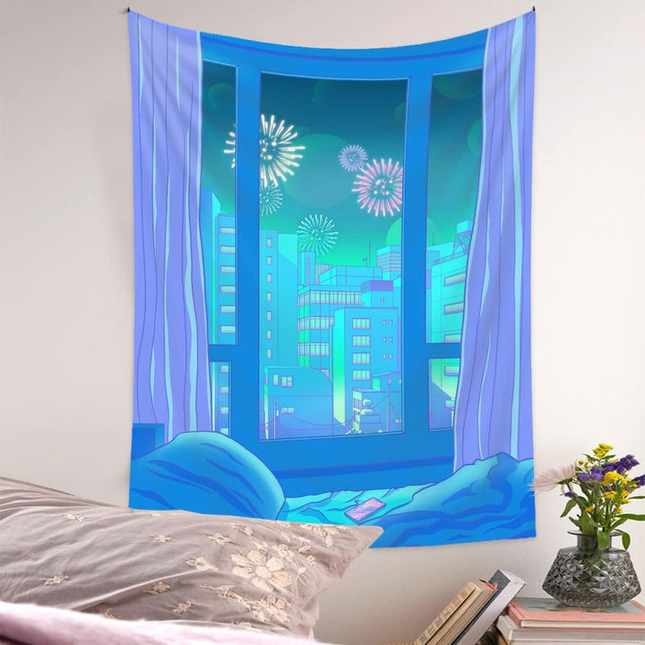 VibeCore Downtown Fireworks Tapestry In Bedroom