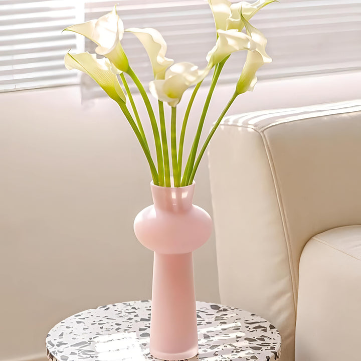 VibeCore Elegant French Glass Vase in light pink, handmade with care, sleek and modern design, perfect for showcasing flowers or as a decorative centerpiece, easy to care for.