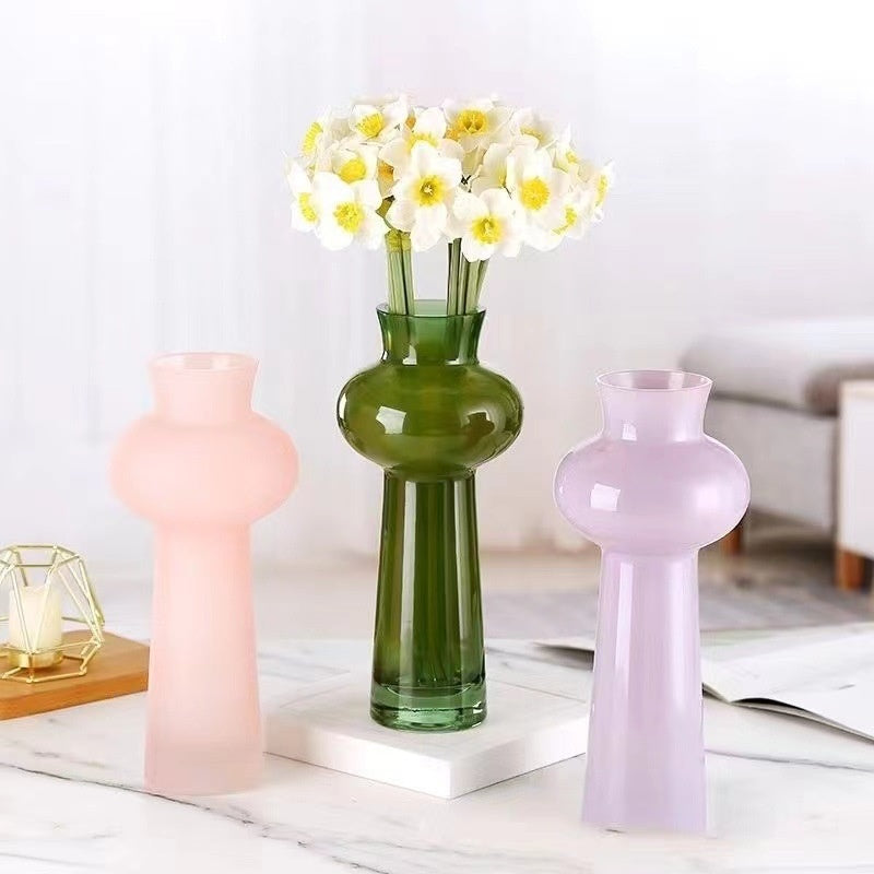 VibeCore Elegant French Glass Vase in pink, sage, and lilac, handcrafted design, perfect for showcasing flowers or as a decorative centerpiece, easy to maintain.​