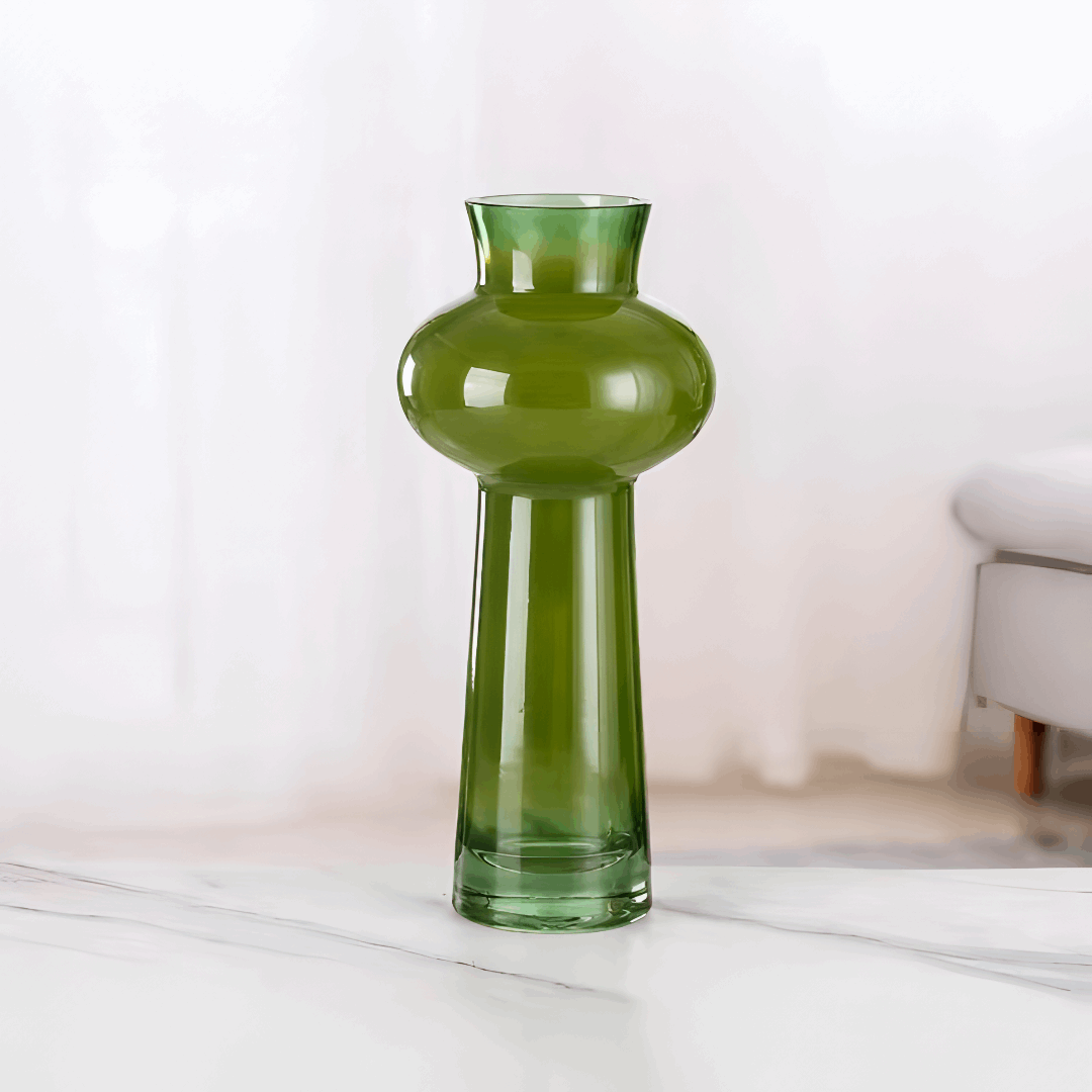 VibeCore Elegant French Glass Vase in sage, handmade with care, sleek and modern design, perfect for showcasing flowers or as a decorative centerpiece, easy to care for.​