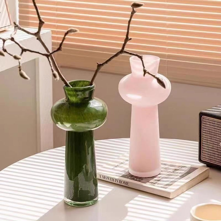 VibeCore Elegant French Glass Vase in sage and pink, handcrafted design, perfect for showcasing flowers or as a decorative centerpiece, easy to maintain.