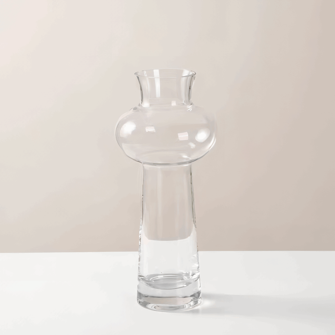 VibeCore Elegant French Glass Vase in transparent, handmade with care, sleek and modern design, perfect for showcasing flowers or as a decorative centerpiece, easy to maintain.​