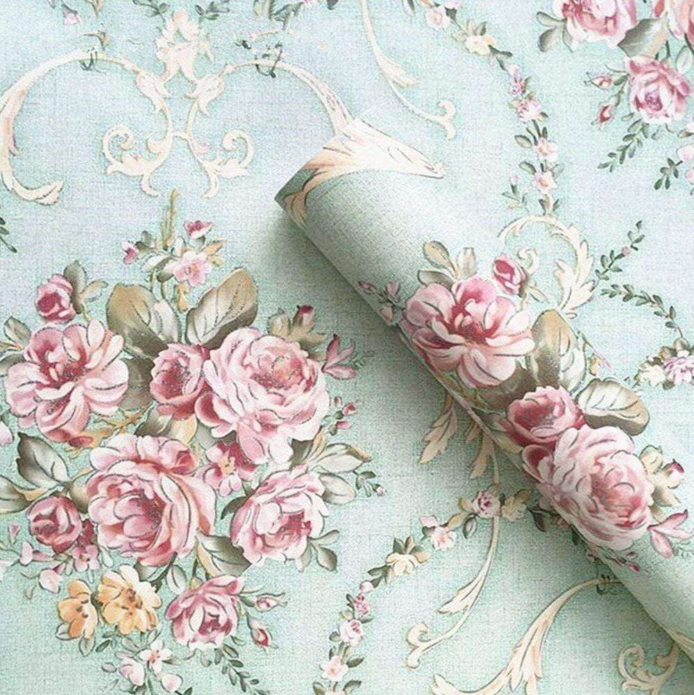 VibeCore European Light Green Floral Self-Adhesive Wallpaper featuring delicate floral and rose patterns in a soft pale blue-green hue, adding a refined, coquette-inspired charm to your space.