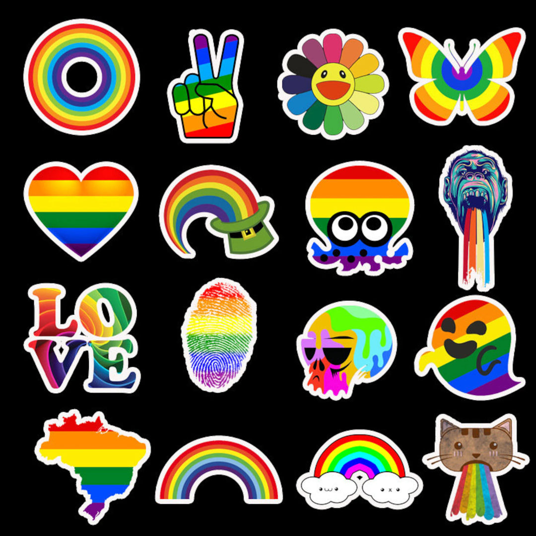VibeCore Everything Rainbow Stickers set featuring 16 vibrant, colorful designs with geometric shapes and positive vibes, perfect for customizing your accessories with a joyful, rainbow-inspired aesthetic.