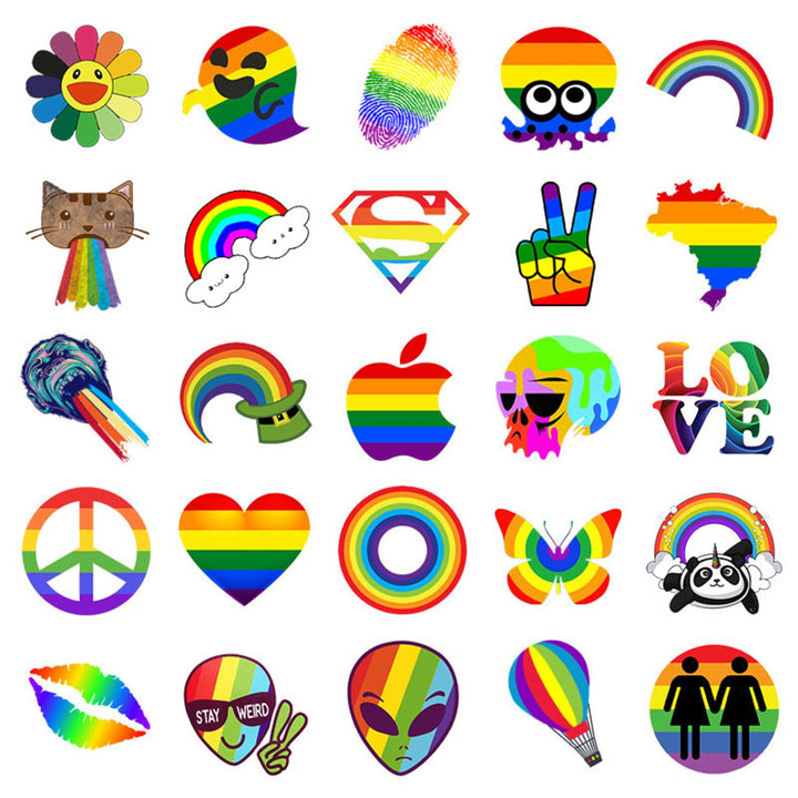 VibeCore Everything Rainbow Stickers set featuring 25 vibrant designs, including geometric patterns and positive motifs, perfect for brightening up your accessories with colorful energy.
