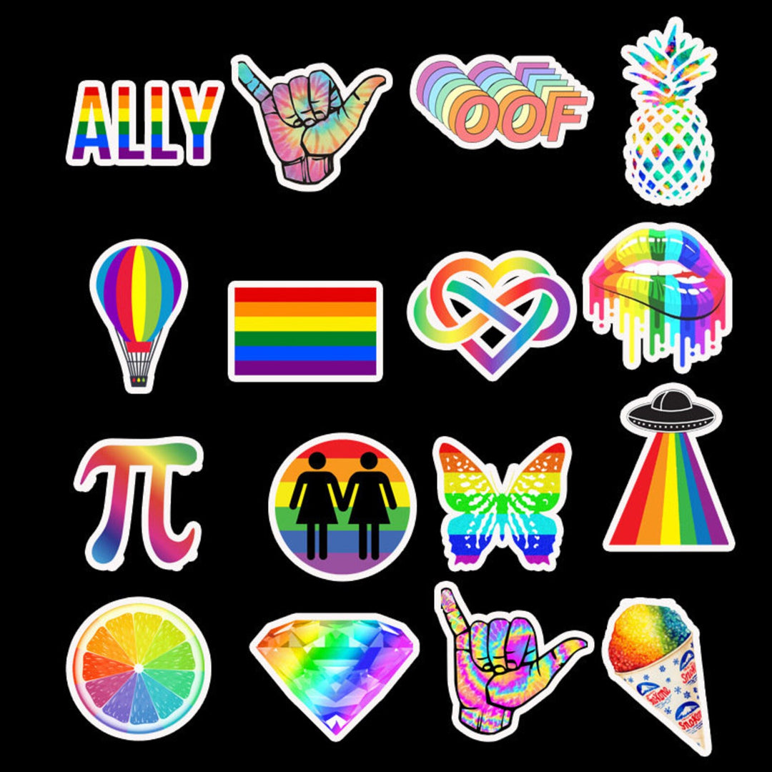 VibeCore Everything Rainbow Stickers set featuring another 16 colorful designs, including geometric shapes and positive symbols, perfect for adding a burst of vibrancy to your accessories.