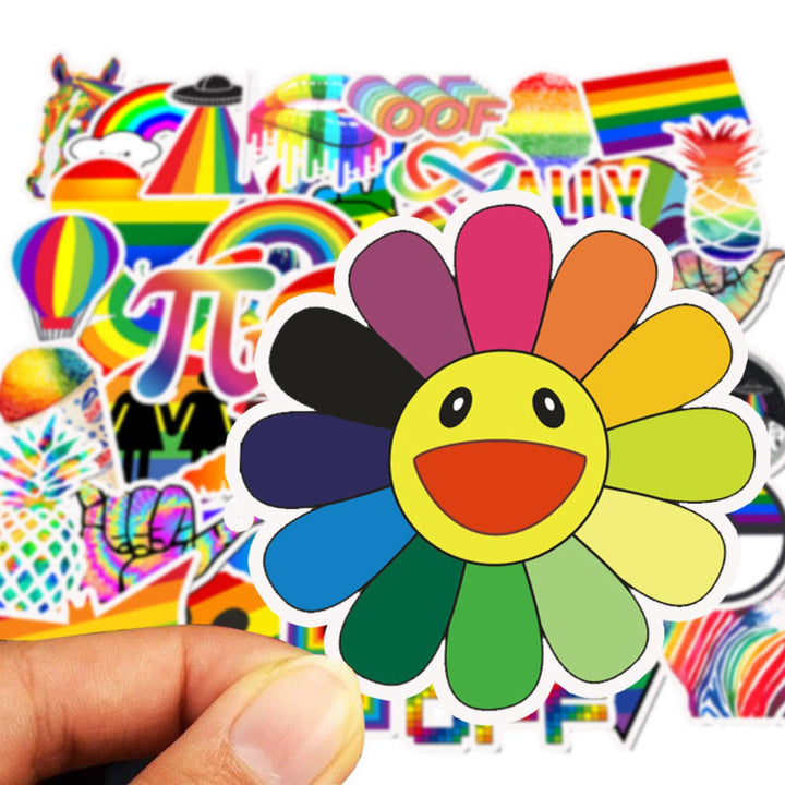 VibeCore Everything Rainbow Stickers Flower Sticker close-up, featuring a vibrant, multicolored flower design with bold rainbow hues, adding a cheerful and colorful touch to your accessories.
