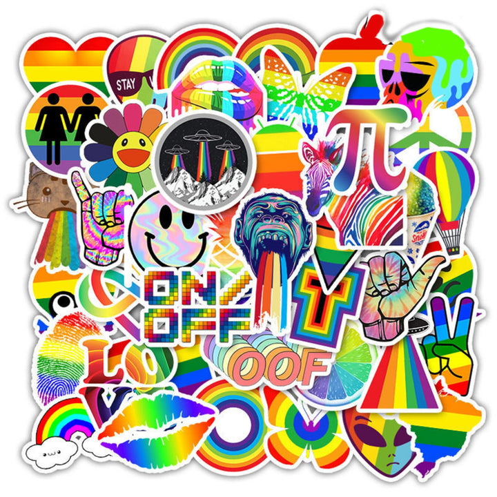VibeCore Everything Rainbow Stickers rectangular cluster featuring a vibrant collection of colorful designs with geometric shapes and positive vibes, perfect for adding a burst of joy and personality to your accessories.