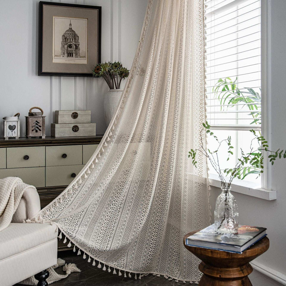 VibeCore Farmhouse Crochet Curtain splayed out, showcasing delicate crochet lace details and semi-shading design, crafted from a durable polyester-cotton blend, perfect for adding a rustic, cozy farmhouse touch to your space.