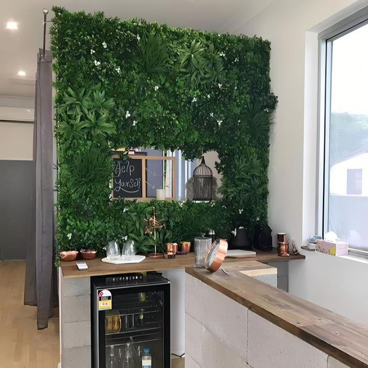 Aesthetic faux boxwood plant wall decoration on a kitchen wall featuring lush greenery and realistic texture perfect for indoor and outdoor decor low-maintenance and easy to install