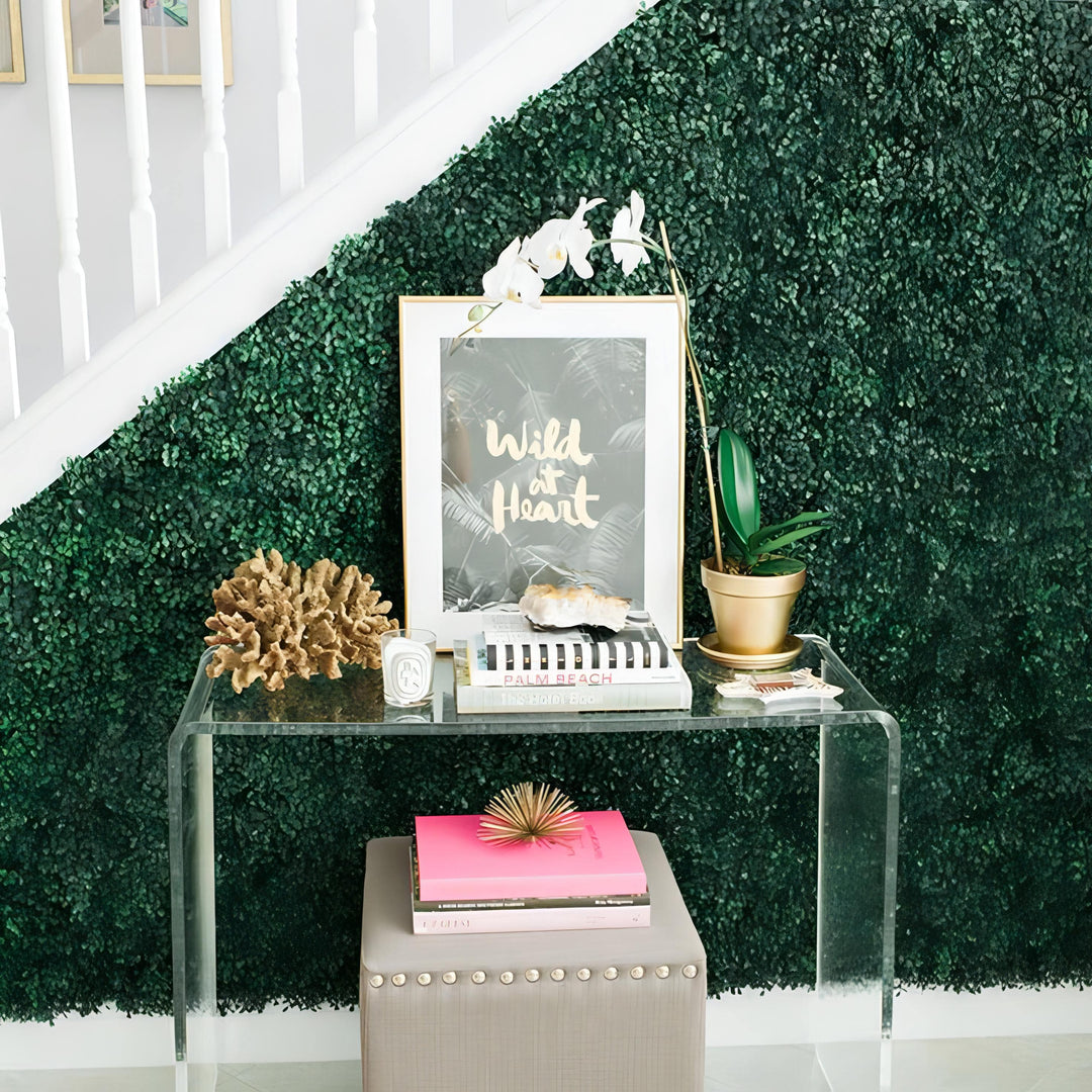 Aesthetic faux boxwood plant wall decoration on a staircase wall featuring lush greenery and realistic texture perfect for indoor and outdoor decor low-maintenance and easy to install