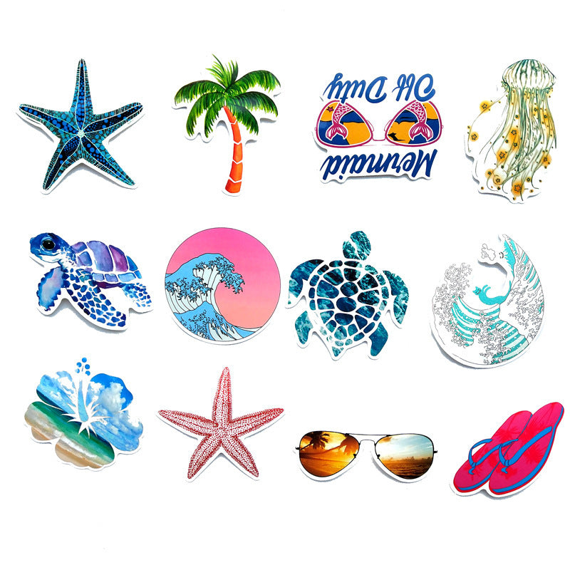 VibeCore Feeling Beachy 12 Stickers featuring a mix of coastal designs, including seashells, palm trees, and waves, perfect for personalizing everyday items with a beachy vibe.