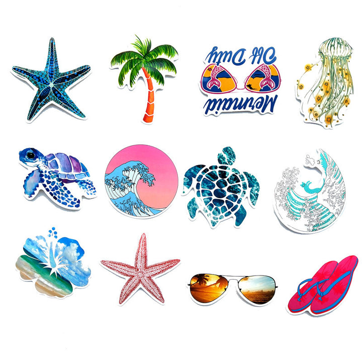 VibeCore Feeling Beachy 12 Stickers featuring a mix of coastal designs, including seashells, palm trees, and waves, perfect for personalizing everyday items with a beachy vibe.