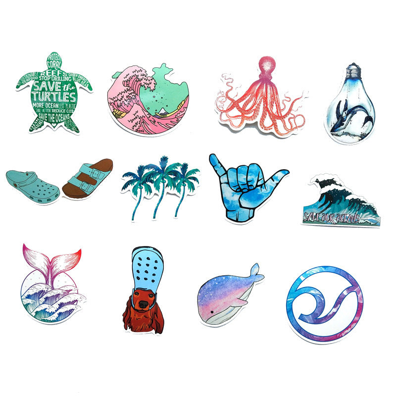 Another set of 12 VibeCore Feeling Beachy Stickers with coastal designs like waves, palm trees, and seashells, ideal for adding a breezy, beach-inspired touch to your gear.