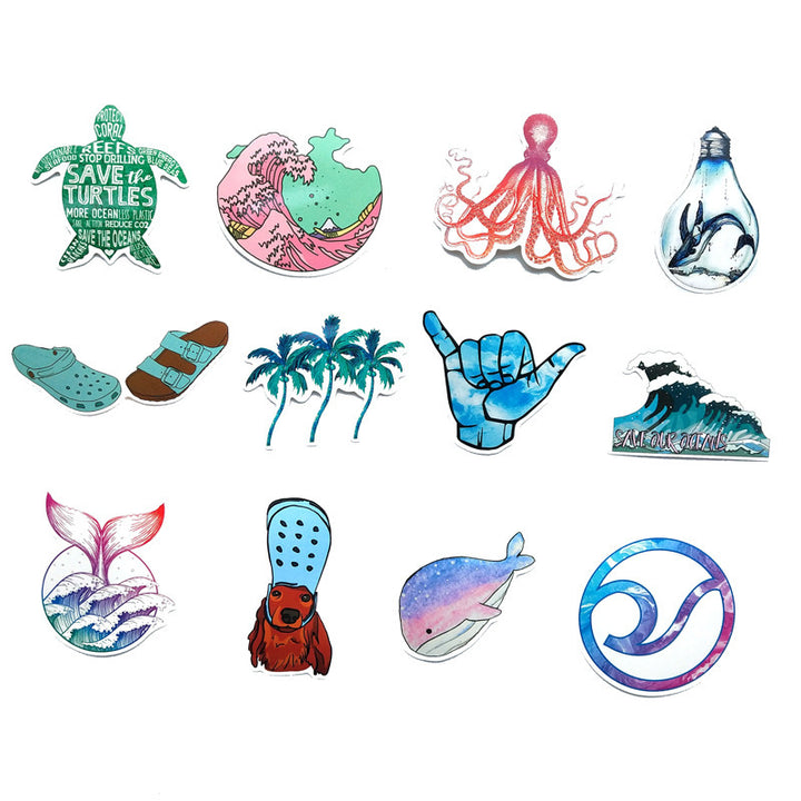 Another set of 12 VibeCore Feeling Beachy Stickers with coastal designs like waves, palm trees, and seashells, ideal for adding a breezy, beach-inspired touch to your gear.