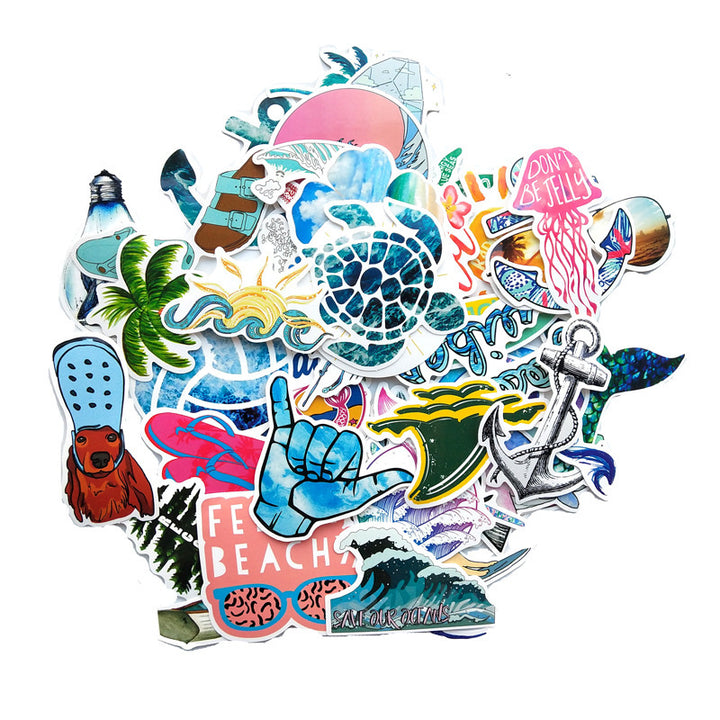 Circular cluster of VibeCore Feeling Beachy Stickers featuring coastal-themed designs like seashells, waves, palm trees, and marine animals for decorating everyday items.