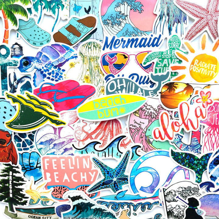 Close-up of VibeCore Feeling Beachy Stickers highlighting detailed coastal designs like seashells, waves, and marine animals for a fresh, beachy aesthetic.