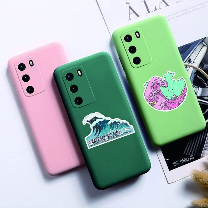 VibeCore Feeling Beachy Stickers applied to phone cases, featuring coastal designs like seashells, waves, and palm trees, adding a fresh, beachy aesthetic to everyday accessories.