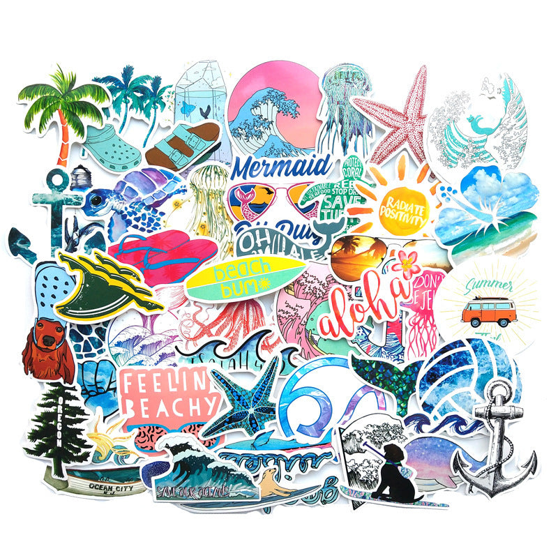 Rectangular cluster of VibeCore Feeling Beachy Stickers showcasing vibrant coastal designs such as seashells, waves, and palm trees for personalizing laptops and journals.