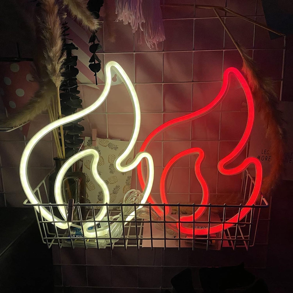 Aesthetic VibeCore Fire Flame Neon Light in red and warm white, USB-powered LED sign for trendy bedroom, dorm, or game room decor, adding a bold, vibrant glow to elevate your space.