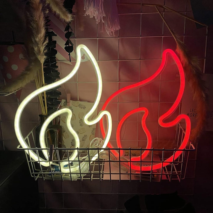 Aesthetic VibeCore Fire Flame Neon Light in red and warm white, USB-powered LED sign for trendy bedroom, dorm, or game room decor, adding a bold, vibrant glow to elevate your space.