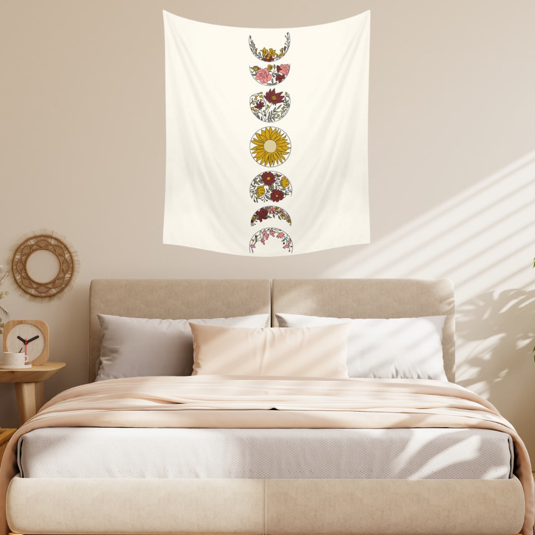 VibeCore Floral Phases Of The Moon Tapestry On Bedroom Wall