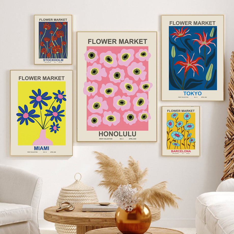 VibeCore Flower Market Around The World Canvas Prints Framed On Wall In Living Room