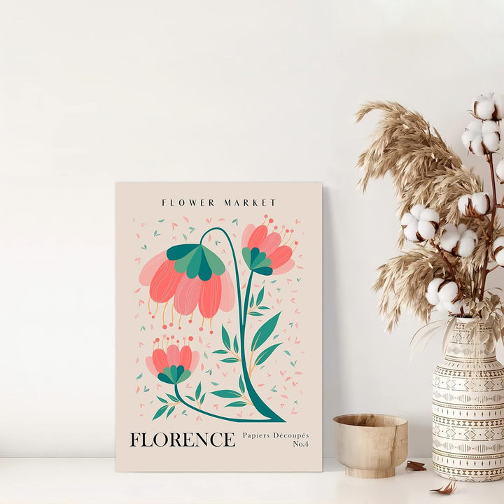 "VibeCore Flower Market Cities Canvas Posters" featuring a colorful floral print inspired by the charming flower markets of Florence. The artwork captures the beauty of fresh blooms in a picturesque city setting, adding a touch of Italian elegance and vibrant nature to your walls. Perfect for infusing your space with a floral, worldly vibe.