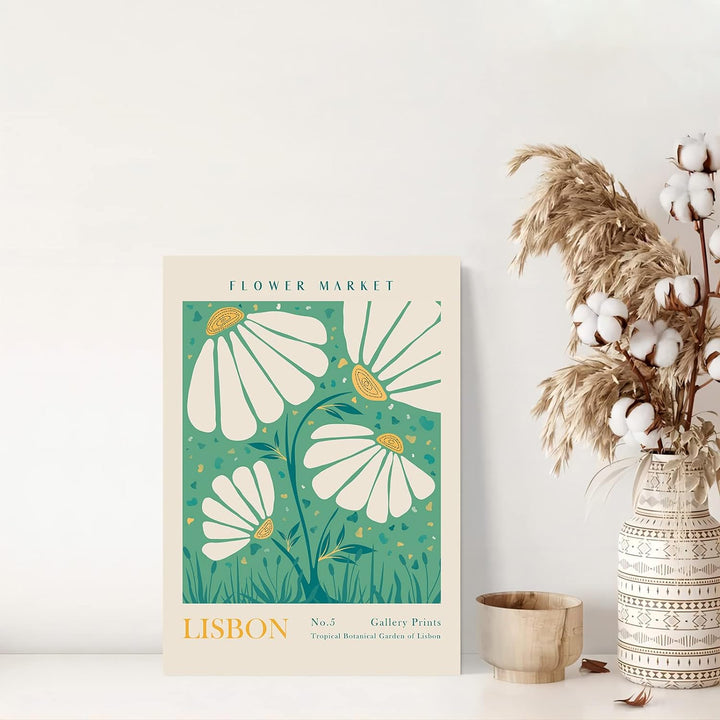 "VibeCore Flower Market Cities Canvas Posters" featuring a vibrant floral print inspired by Lisbon's iconic flower markets. The design showcases bright, colorful blooms against a soft backdrop, capturing the lively spirit of the city. Ideal for adding a touch of Lisbon's charm and natural beauty to your bedroom, dorm, or apartment decor.