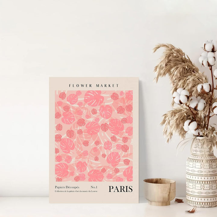 "VibeCore Flower Market Cities Canvas Posters" featuring a beautiful floral print inspired by the famous flower markets of Paris. The design highlights delicate flowers with soft pastel tones, evoking the romantic and artistic atmosphere of the city. Perfect for bringing a touch of Parisian elegance and floral charm to your bedroom, dorm, or apartment.