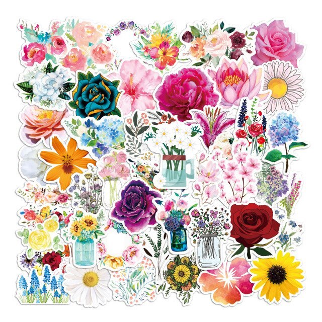 VibeCore Flowers Stickers Square Cluster with 50 vibrant, floral, aesthetic designs for personalizing laptops, phones, water bottles, accessories, nature-inspired, cute, trendy, durable, removable, colorful.