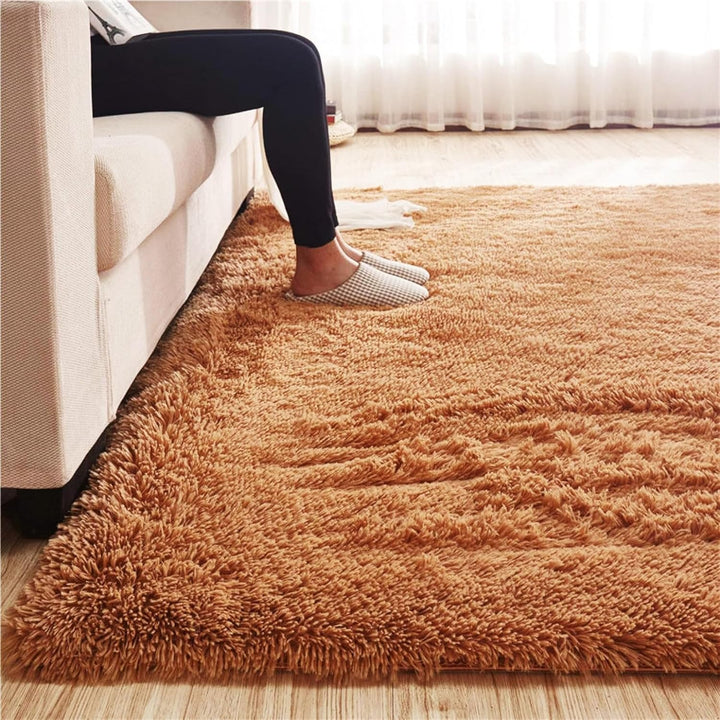 Close-up of the VibeCore Fluffy Area Rug in Camel, highlighting its soft, plush texture and rich, warm color, perfect for adding comfort and warmth to any room.