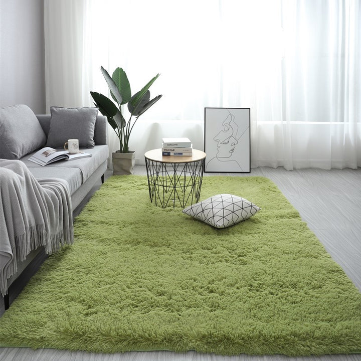 VibeCore Fluffy Area Rug in Matcha Green, offering a soft, plush feel and a calming, natural aesthetic that complements a serene bedroom or living space.