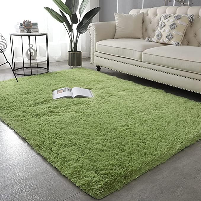 VibeCore Fluffy Area Rug in Matcha Green, placed in a cozy living room, adding a soft and calming touch to the modern decor with its plush texture and serene color.