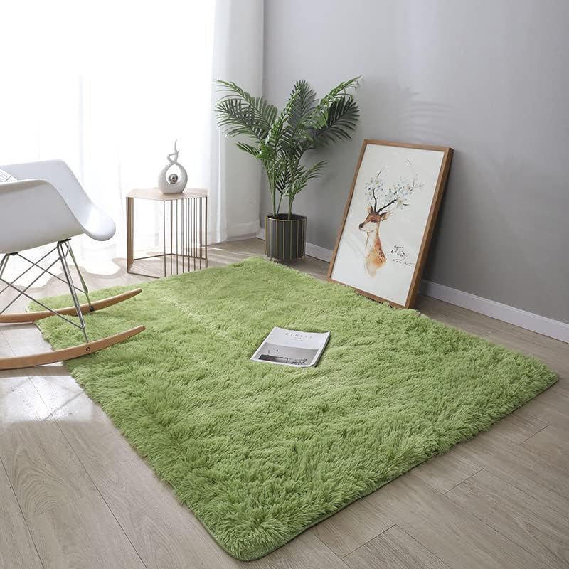 VibeCore Fluffy Area Rug in Matcha Green, placed on the floor, showcasing its soft and plush texture in a peaceful space with a calming green tone.