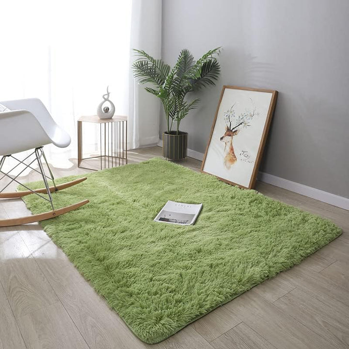 VibeCore Fluffy Area Rug in Matcha Green, placed on the floor, showcasing its soft and plush texture in a peaceful space with a calming green tone.