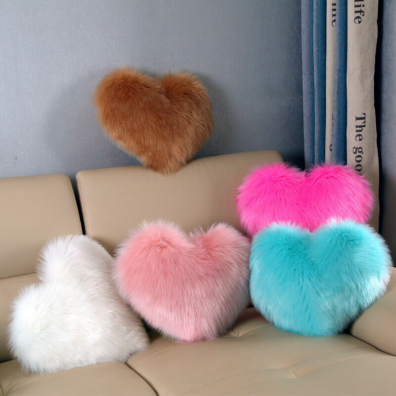 Fluffy Heart Throw Pillow in 5 colors - soft faux fur, heart-shaped design, perfect for cozy bedroom, living room, or as a gift. Ideal for adding romantic and aesthetic decor to any space.