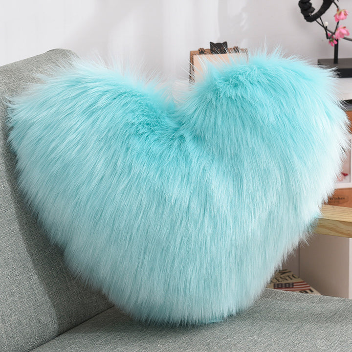 VibeCore Fluffy Heart Throw Pillow in aqua - soft faux fur, heart-shaped design, ideal for adding a playful, cozy vibe to your space.