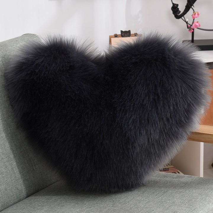 VibeCore Fluffy Heart Throw Pillow in black – plush faux fur with a heart shape, ideal for adding a cozy, chic touch to your decor.
