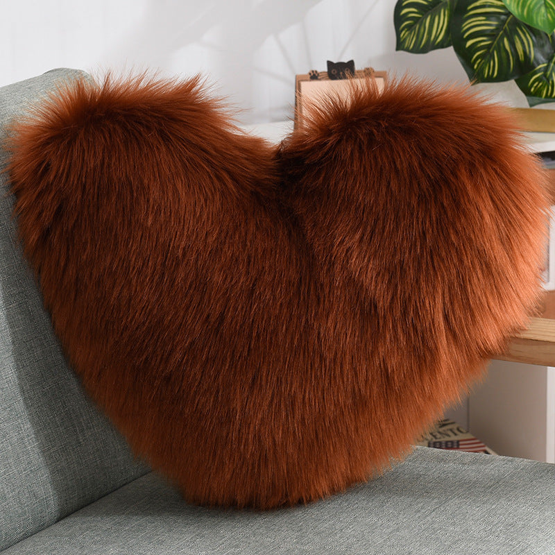VibeCore Fluffy Heart Throw Pillow in brown – ultra-soft faux fur, heart-shaped design, perfect for adding warmth and cozy vibes to any room.