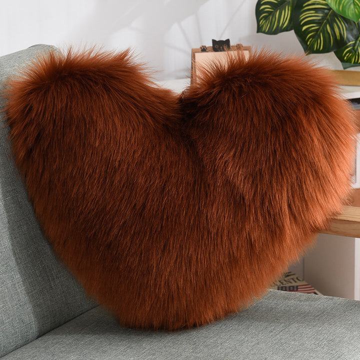 VibeCore Fluffy Heart Throw Pillow in brown – ultra-soft faux fur, heart-shaped design, perfect for adding warmth and cozy vibes to any room.