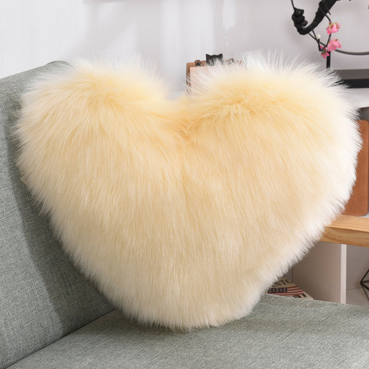 VibeCore Fluffy Heart Throw Pillow in light beige – plush faux fur, heart-shaped design, perfect for adding cozy, romantic vibes to your room decor.