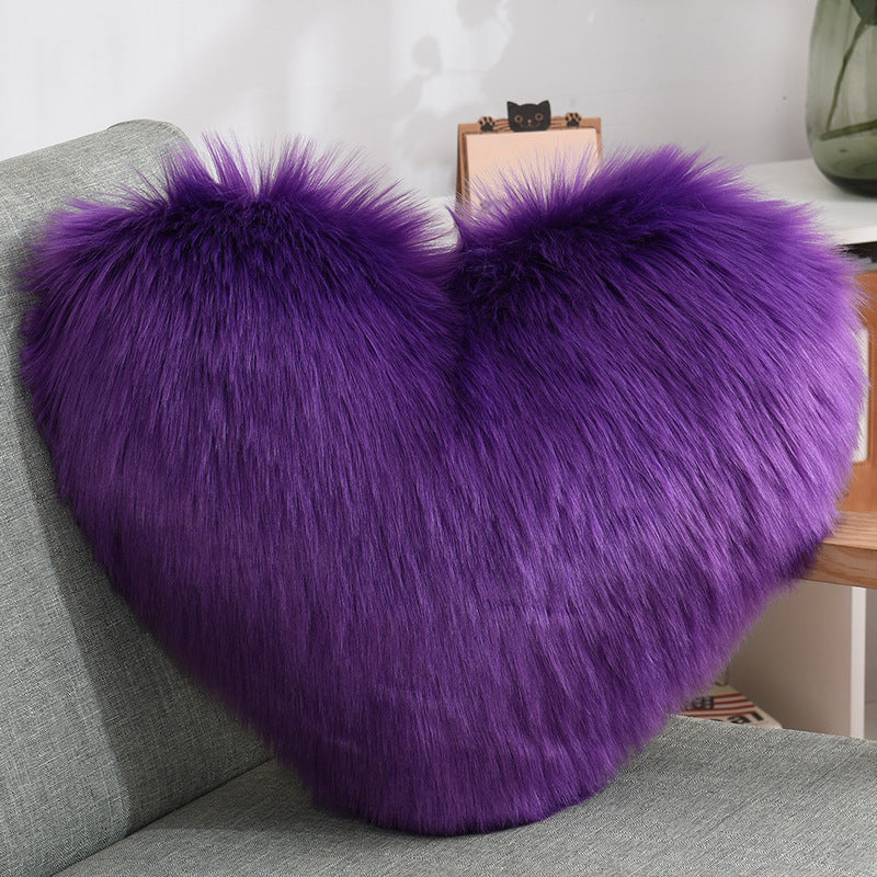 VibeCore Fluffy Heart Throw Pillow in purple - plush faux fur, heart-shaped design, ideal for adding a cozy, romantic vibe to any space.